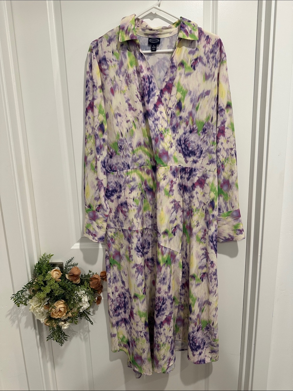 Floral Wrap Midi Dress in Purple and Green